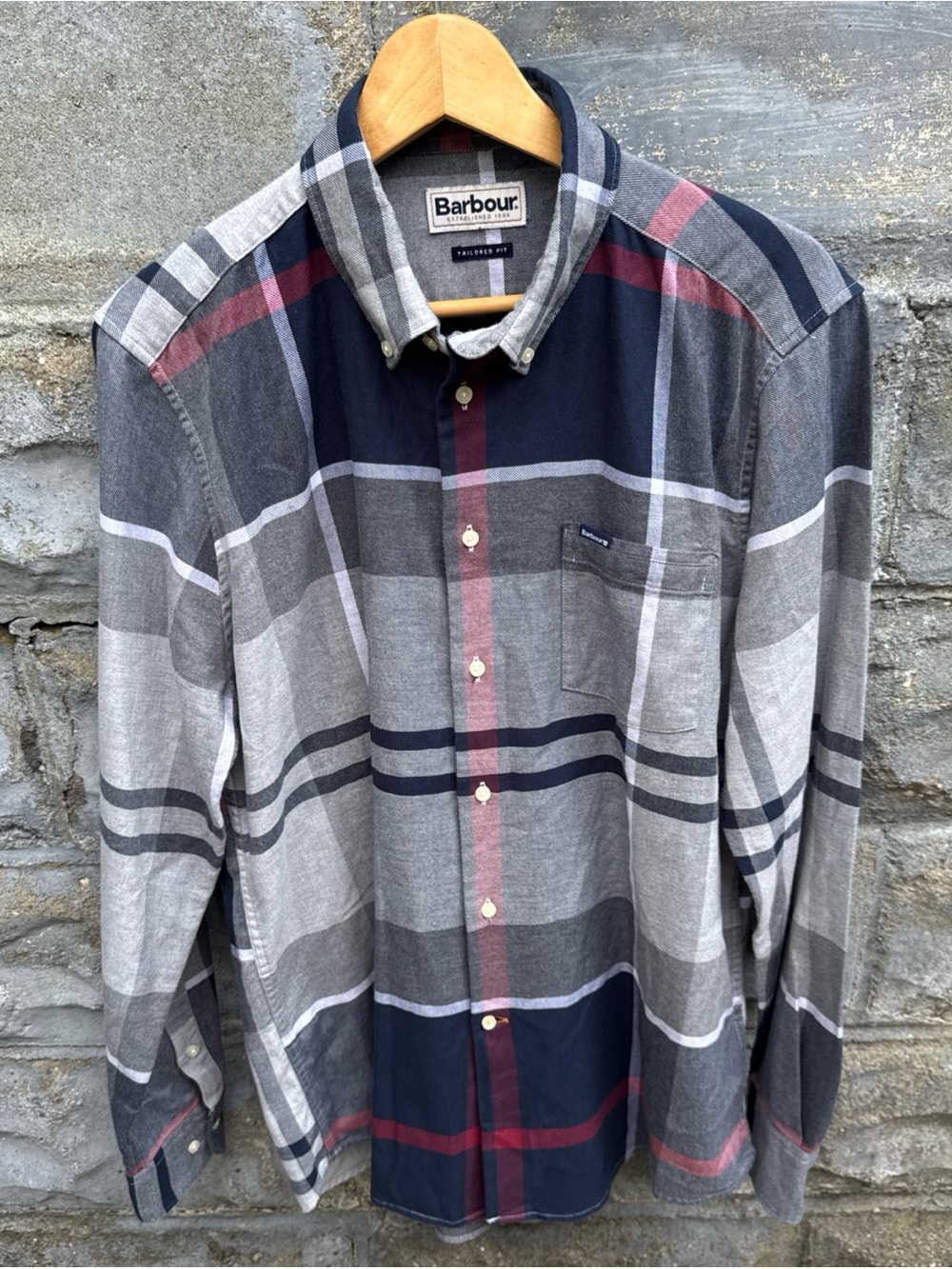 Barbour Flannel Shirt Mens Medium Blue Gray Plaid Button Down Tailored Fit